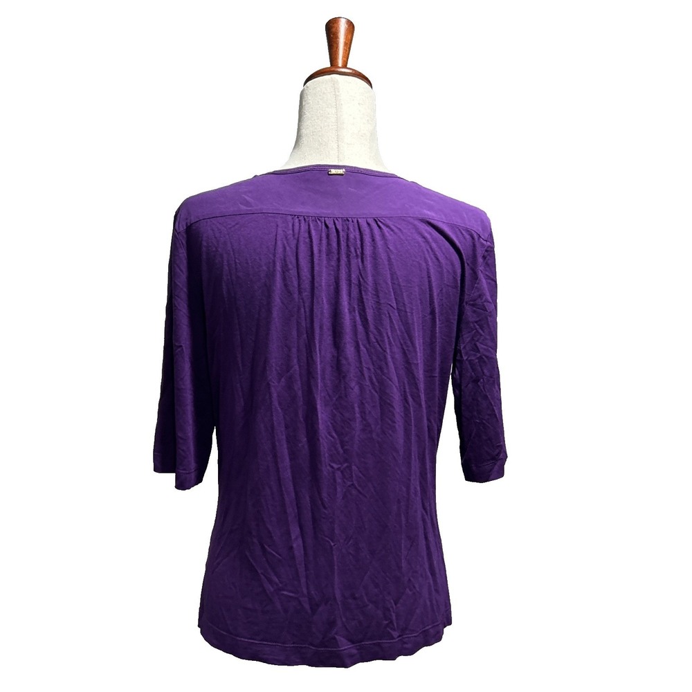 St. John Women's Blouse Medium Viscose Draped V-Neck Short Sleeve Shirt Top - Picture 7 of 10